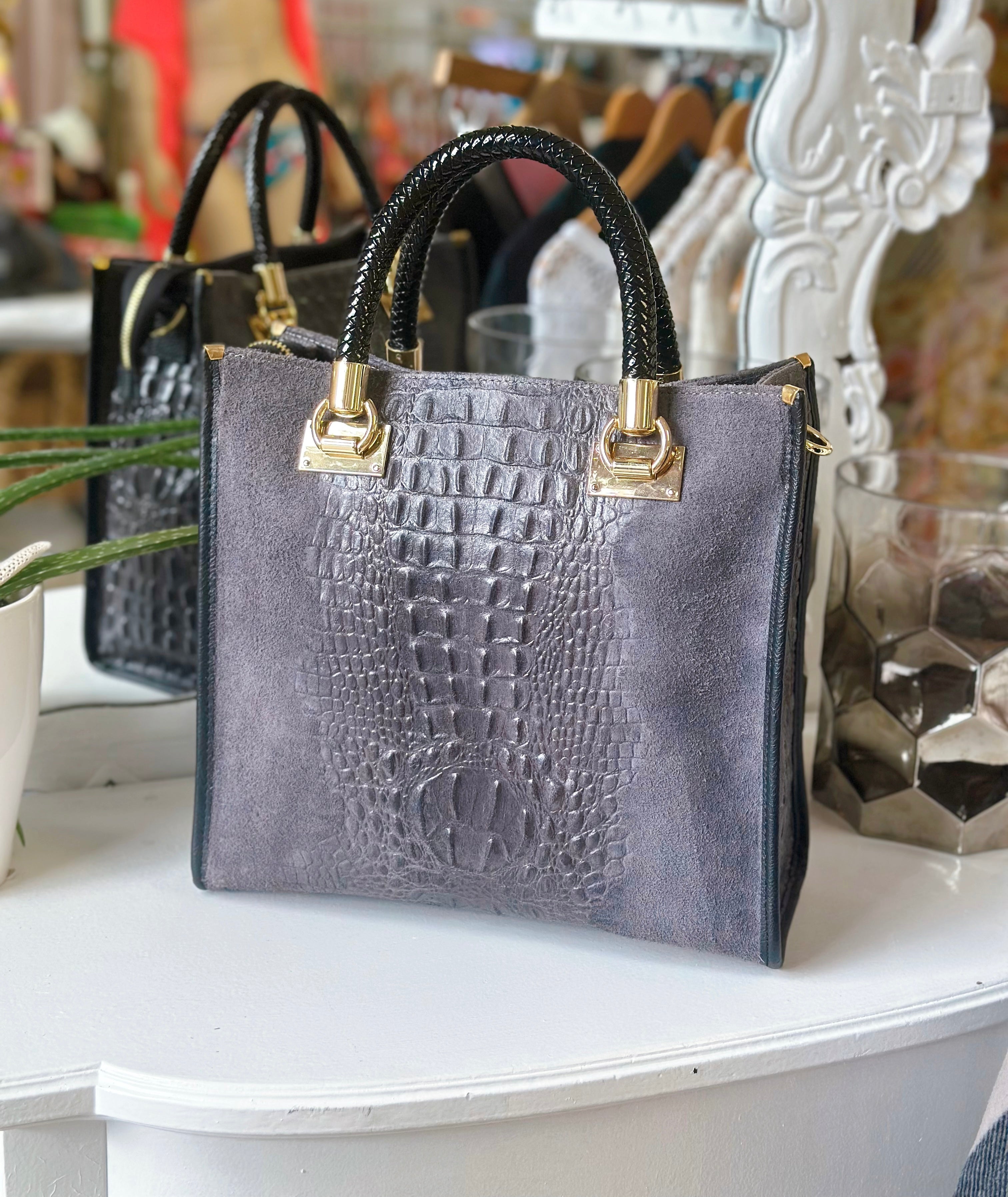 Suede Croc Emboss Italian Leather Handbag