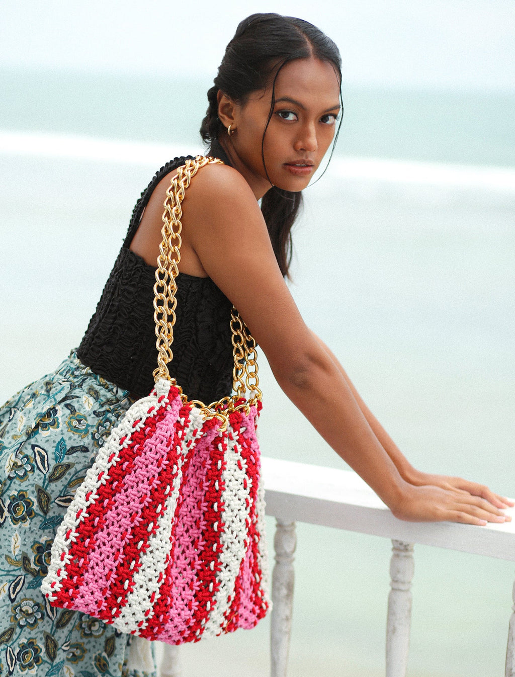 COLETTE Macrame Beach Bag In Pink & Red